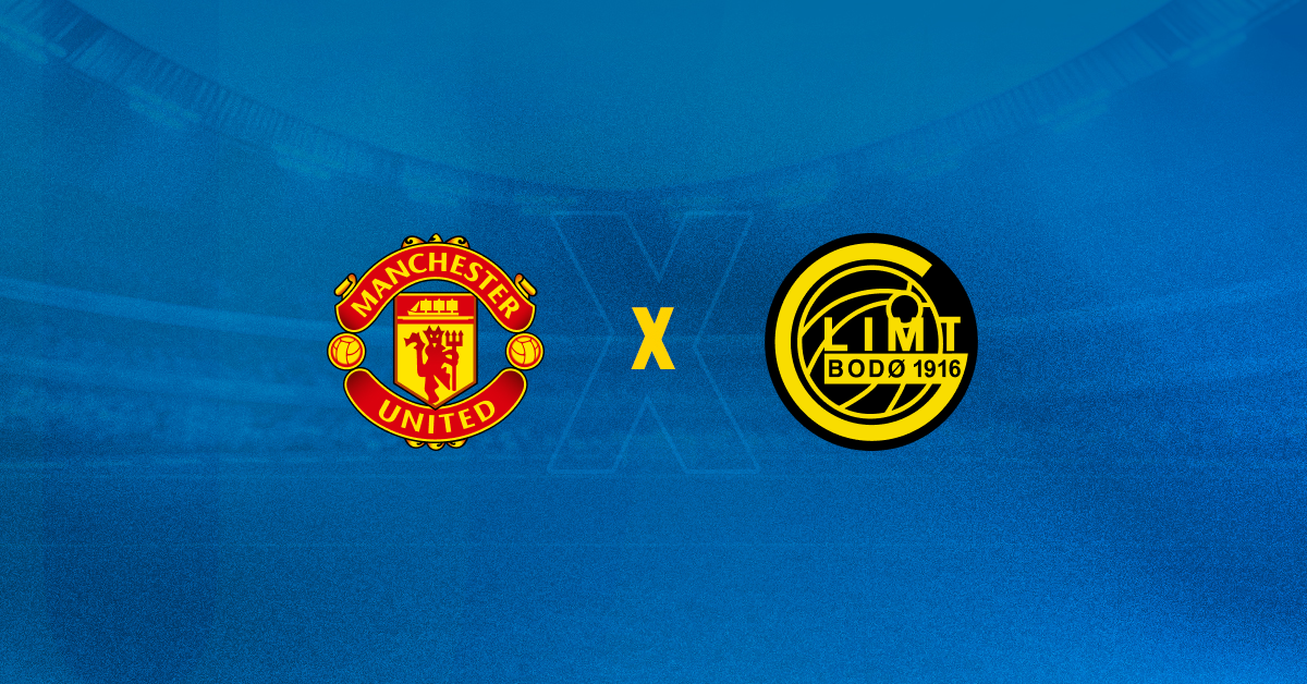 Escudos de Manchester United x Bodo/Glimt, que se enfrentam pela Liga Europa