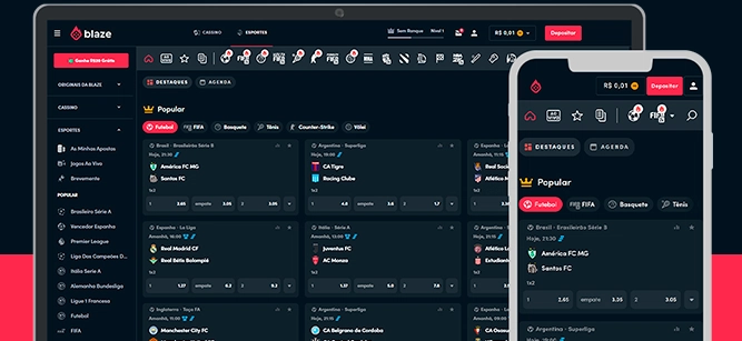 Imagem mostra notebook e smartphone abertos na página de apostas da Blaze