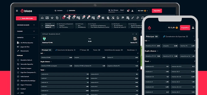 Imagem mostra notebook e smartphone abertos na página de apostas da Blaze