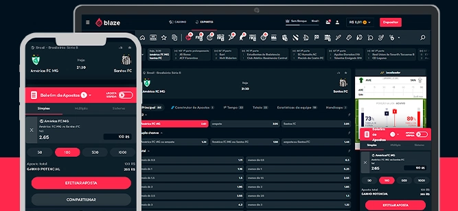 Imagem mostra notebook e smartphone abertos na página de apostas da Blaze