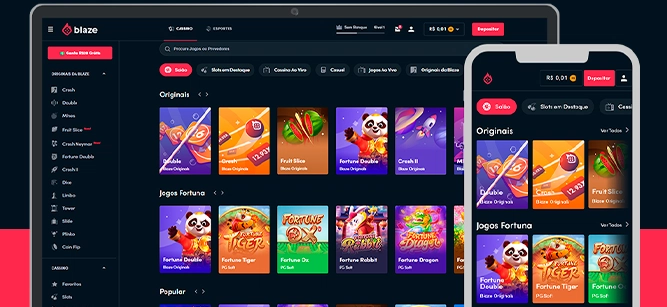 Imagem mostra notebook e smartphone abertos na página de cassino da Blaze