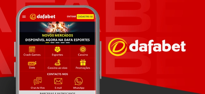 Imagem mostra smartphone aberto no app ao lado da logomarca da Dafabet