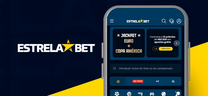 Imagem mostra smartphone aberto na versão mobile da Estrela Bet ao lado da logomarca da casa de apostas