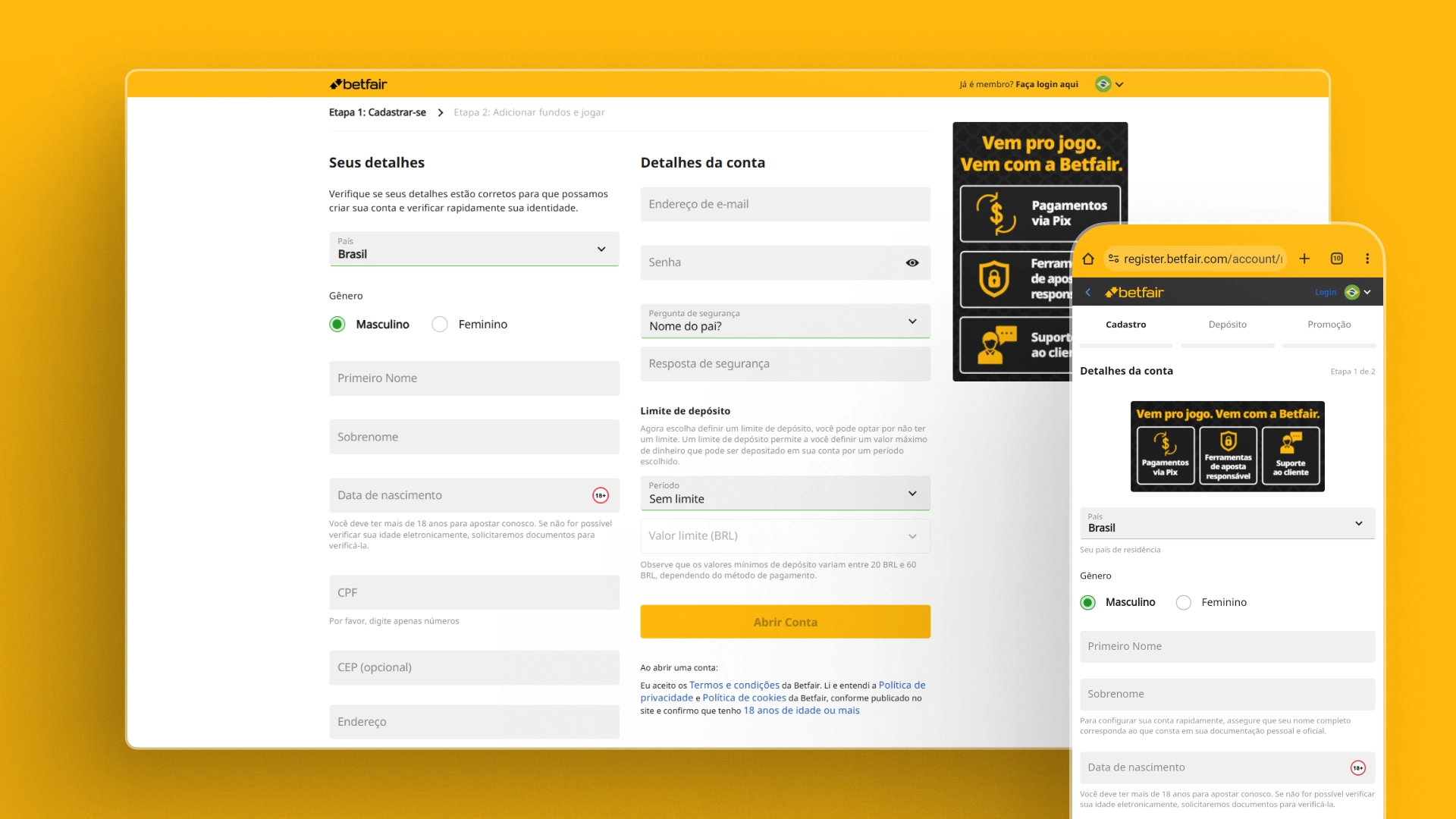 Imagem mostra notebook e celular aberto na página de cadastro da Betfair