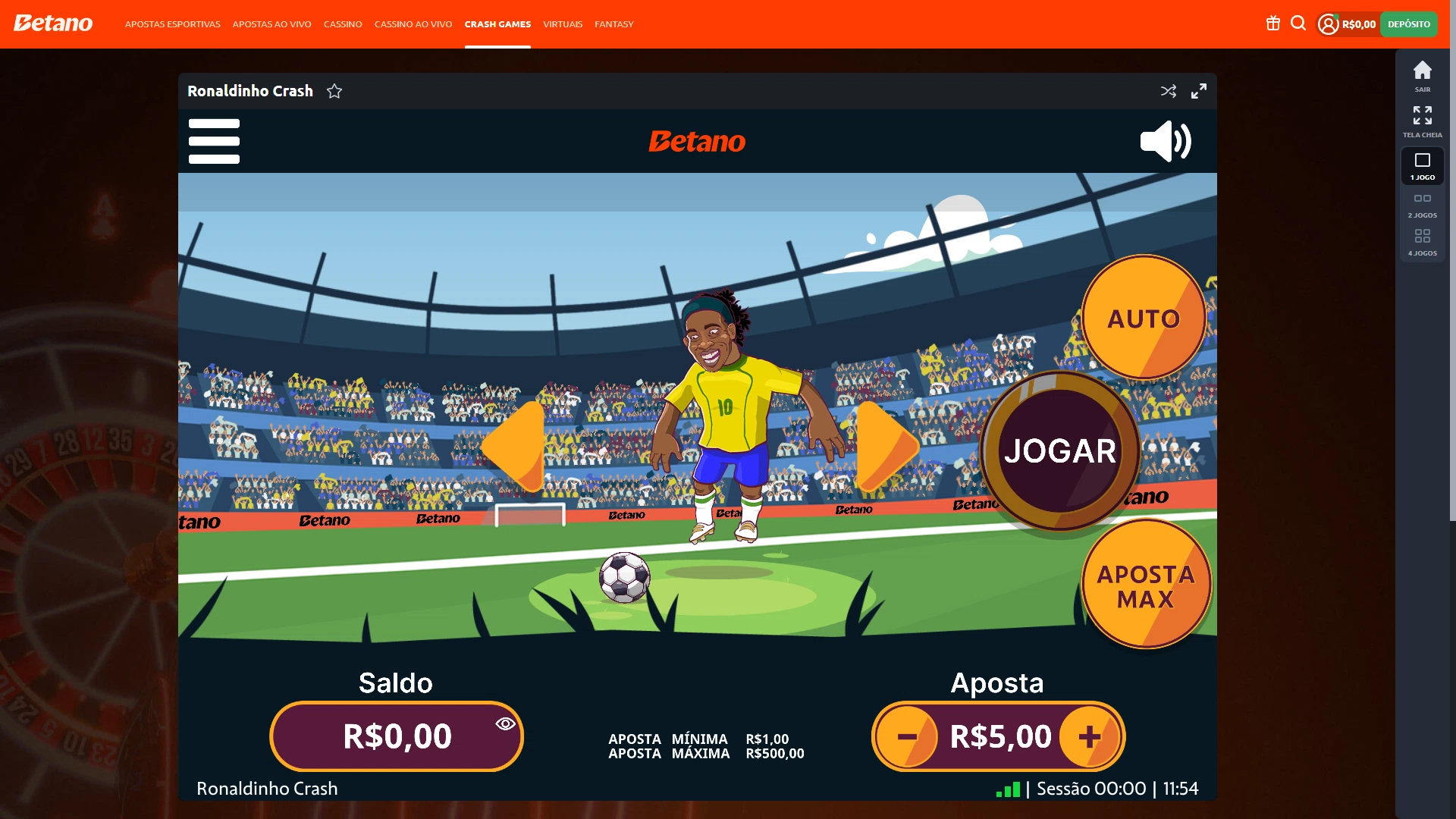 Print mostra página do jogo Ronaldinho Crash na Betano