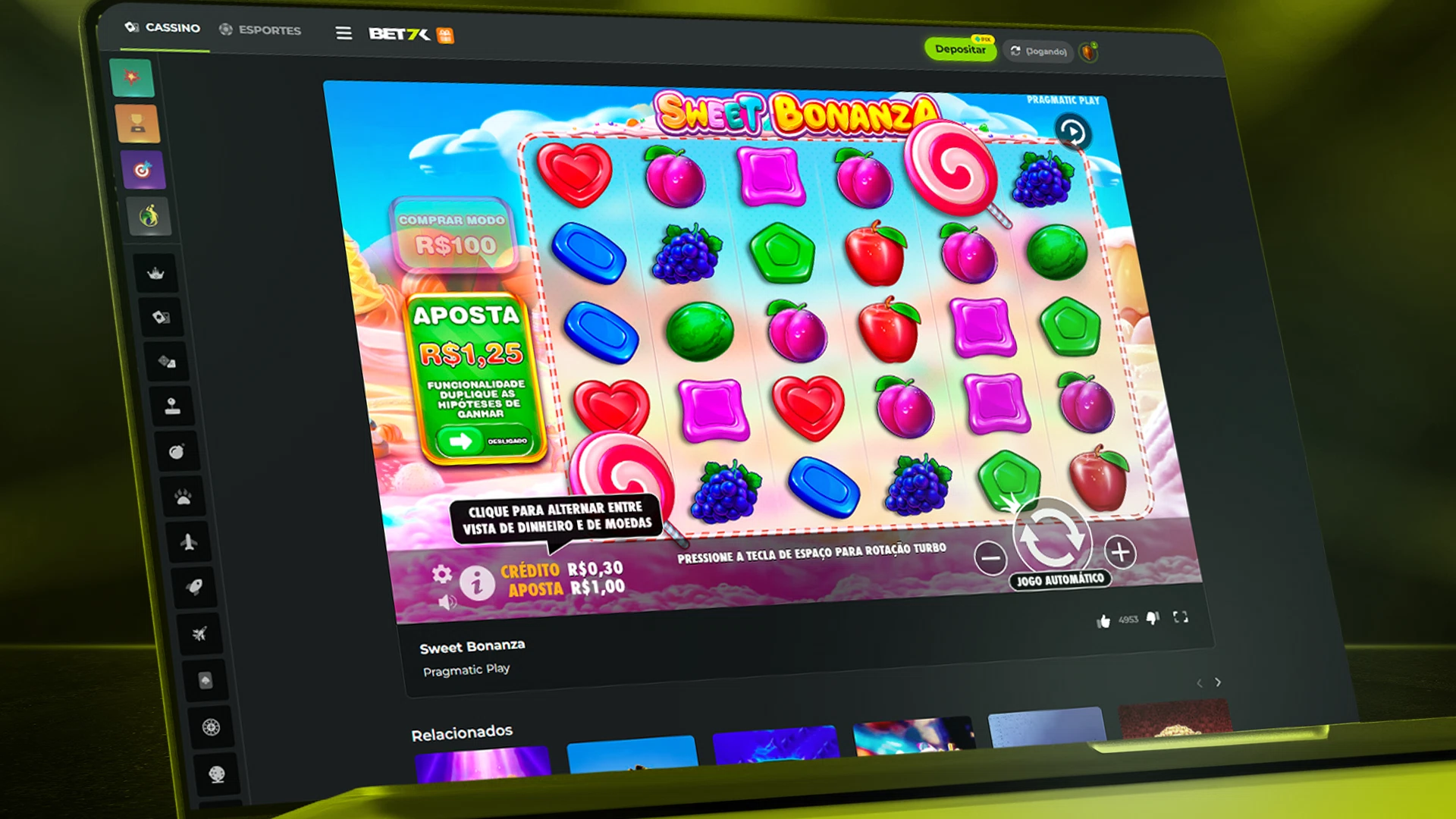 Imagem mostra tela de slots na Bet7k