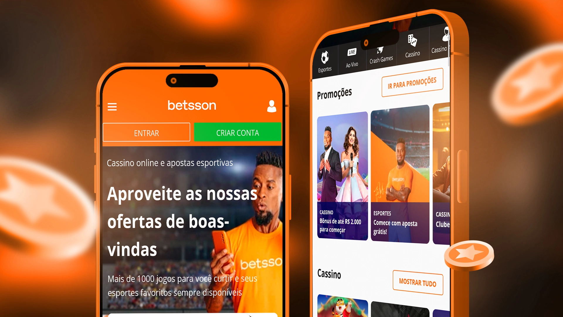 Imagem mostra dois celulares abertos na página de cassino da Betsson