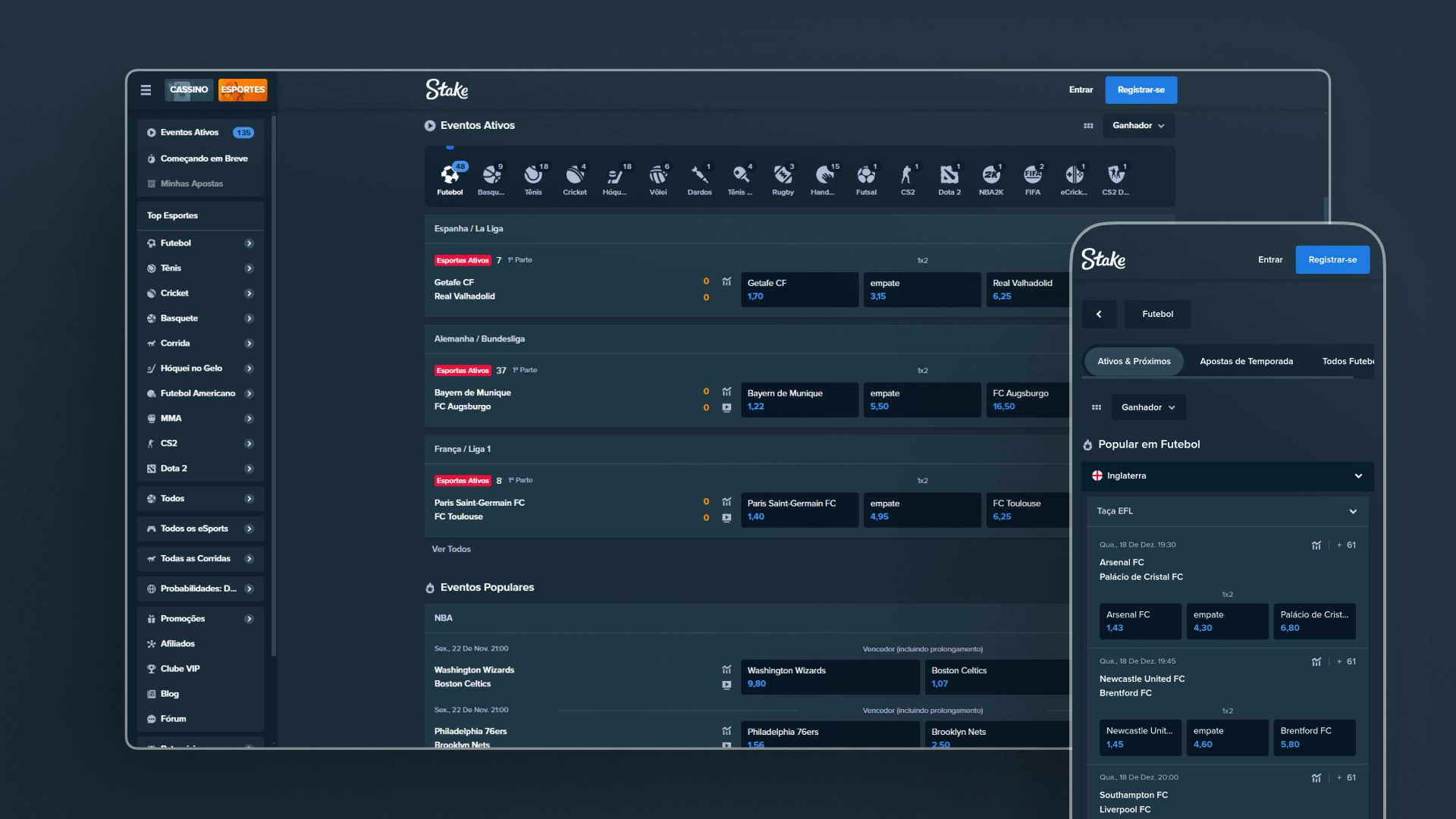 Imagem mostra notebook e celular aberto na página de apostas da Stake