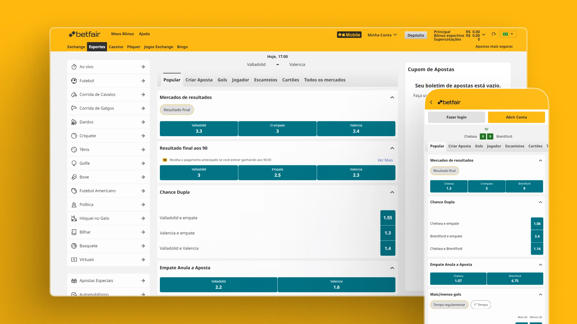 Imagem mostra notebook e celular aberto na página de apostas da Betfair