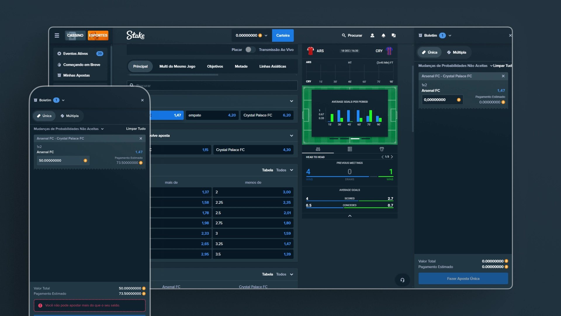 Imagem mostra notebook e celular aberto na página de apostas da Stake