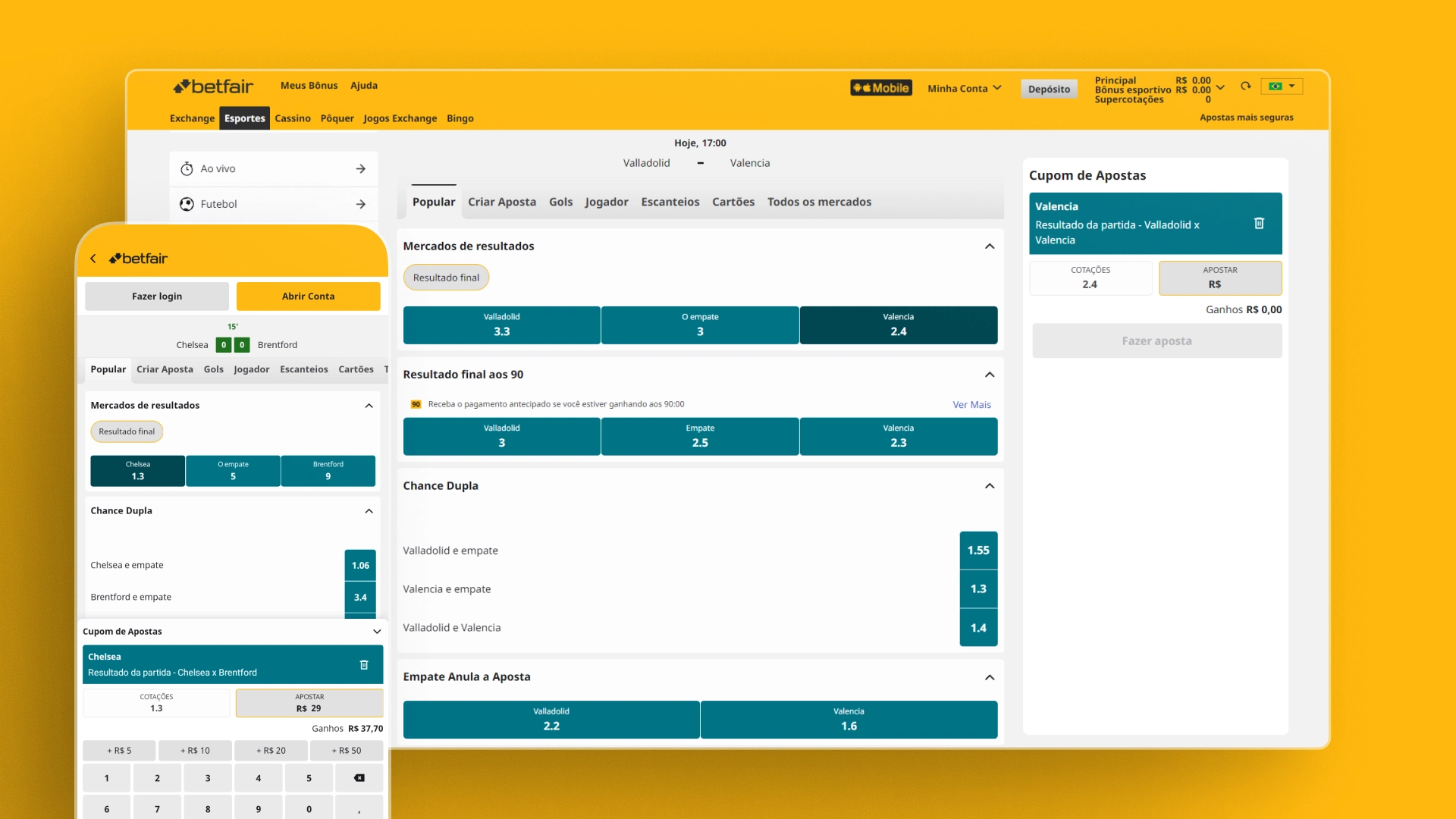 Imagem mostra notebook e celular aberto na página de apostas da Betfair