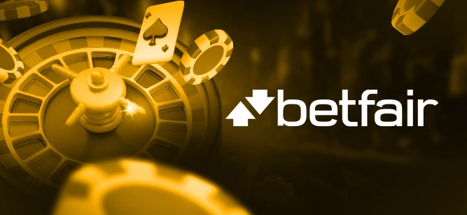 Imagem mostra slots, fichas, cartas e roleta de cassino ao lado da logomarca na Betfair