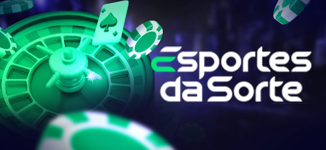 Imagem mostra slots, fichas, cartas e roleta de cassino ao lado da logomarca da Esportes da Sorte