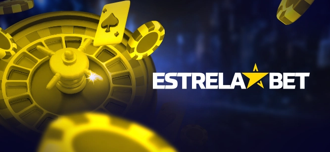 Imagem mostra slots, fichas, cartas e roleta de cassino ao lado da logomarca na EstrelaBet