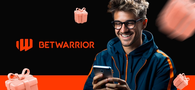 Imagem mostra homem sorrindo ao utilizar um smartphone ao lado da logomarca da Betwarrior