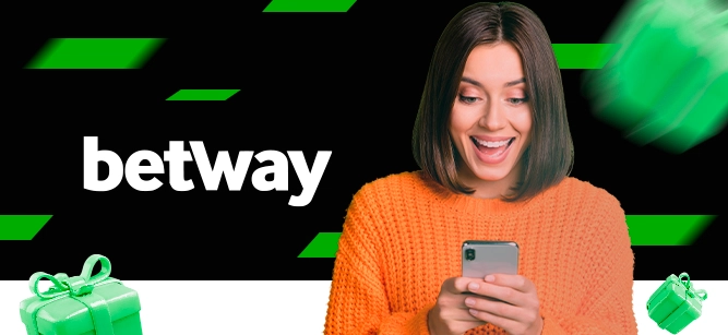 Imagem mostra mulher sorrindo utilizando um smartphone ao lado da logomarca da Betway