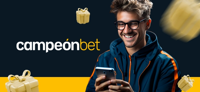 Imagem mostra homem comemorando ao utilizar um celular ao lado da logomarca da Campeonbet