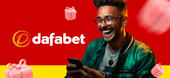 Imagem mostra homem comemorando ao utilizar um celular ao lado da logomarca da Dafabet