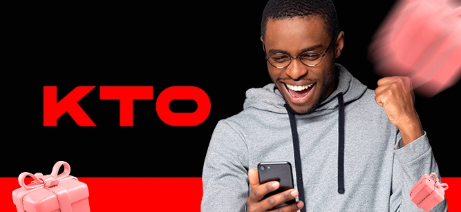Imagem mostra mulher sorrindo utilizando um smartphone ao lado da logomarca da KTO