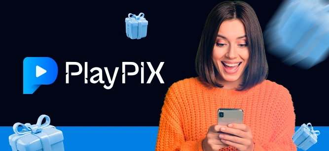 Imagem mostra pessoa sorrindo ao utilzar um smartphone ao lado de caixas de presentes e da logomarca cada PlayPIX