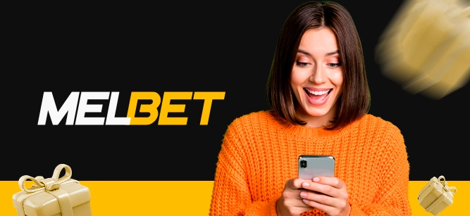 Imagem mostra mulher sorrindo ao utilizar um celular ao lado da logomarca da Melbet