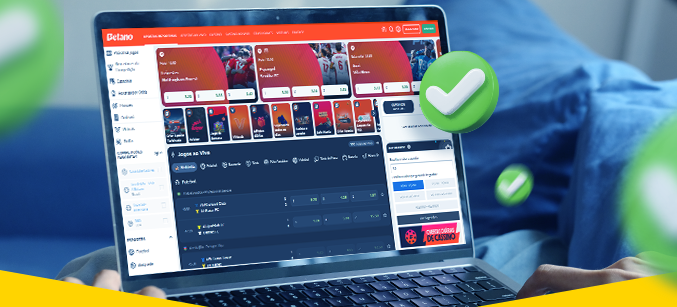 Imagem mostra notebook aberto na página de site de apostas e um símbolo de verificado