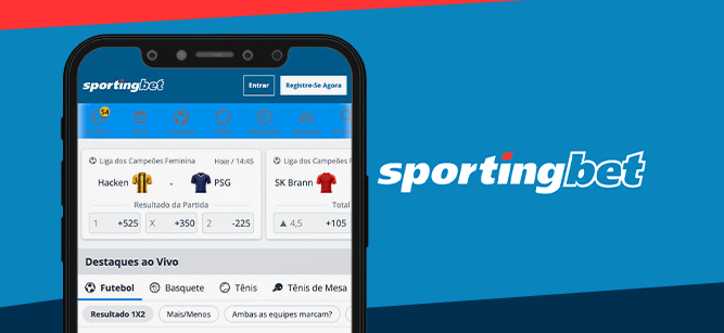 Imagem mostra smartphone aberto na versão mobile da Sportingbet ao lado da logomarca da casa de apostas