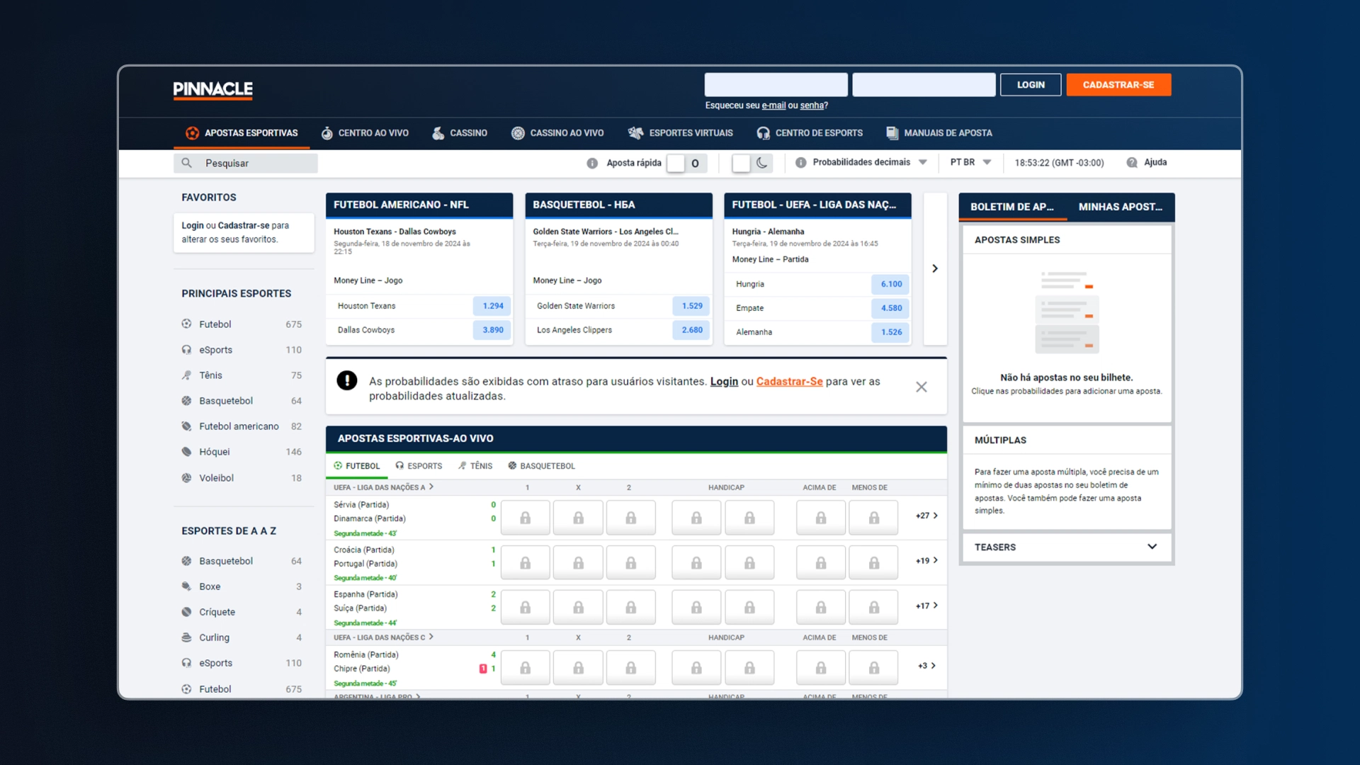 Imagem mostra página de apostas da Pinnacle