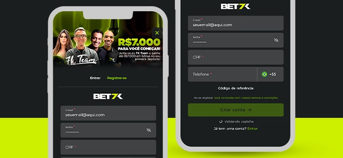 Imagem mostra smartphones abertos na página de cadastro da Bet7k