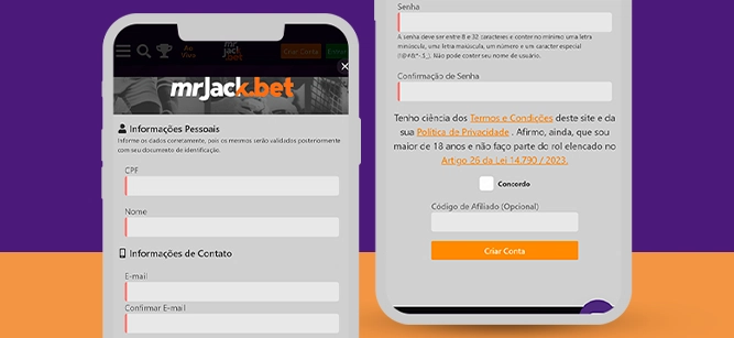 Imagem mostra smartphones abertos na página de cadastro da MrJack.Bet