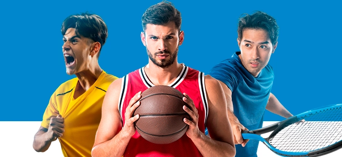 Imagem mostra três atletas, sendo um de futebol, um de basquete e outro de tênis.