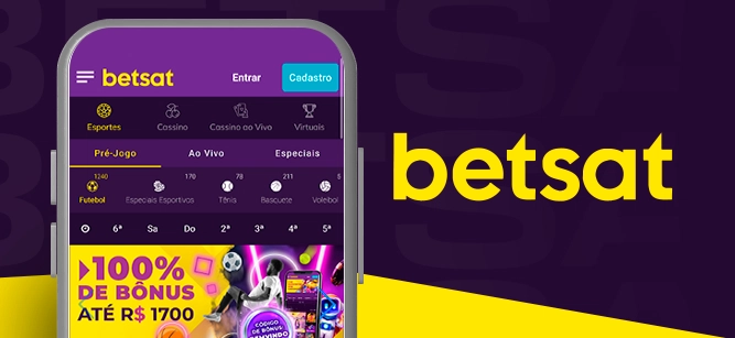 Imagem mostra smartphone aberto no app ao lado da logomarca da Betsat
