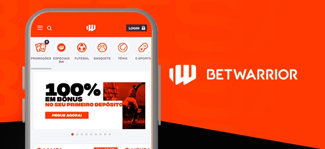 Imagem mostra smartphone aberto ao lado da logomarca da Betwarrior