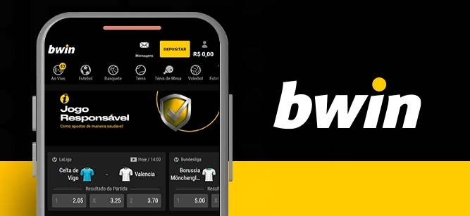 Imagem mostra celular aberto na página da Bwin, ao lado da logomarca da casa.