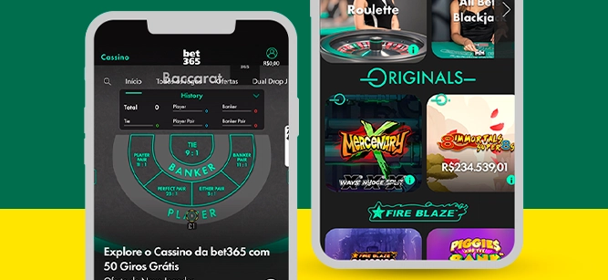 Imagem mostra smartphones abertos na página da Bet365 Casino