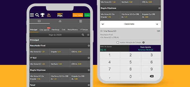 Imagem mostra dois celulares abertos na página de apostas da Betpix