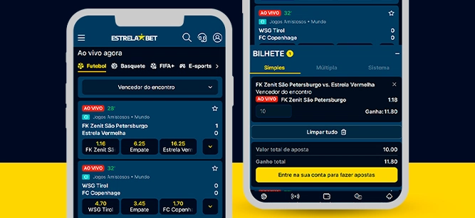 Imagem mostra smartphones abertos na página de apostas da Estrela Bet