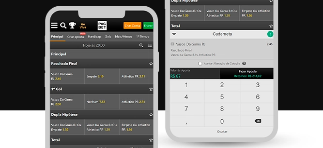 Imagem mostra dois celulares abertos na página de apostas da Pagbet