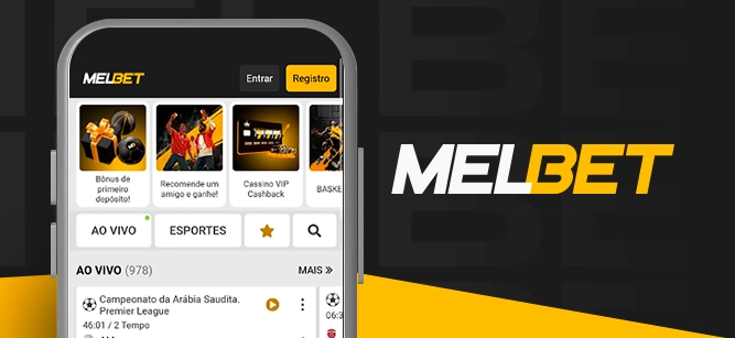 Imagem mostra smartphone aberto ao lado da logomarca da Melbet