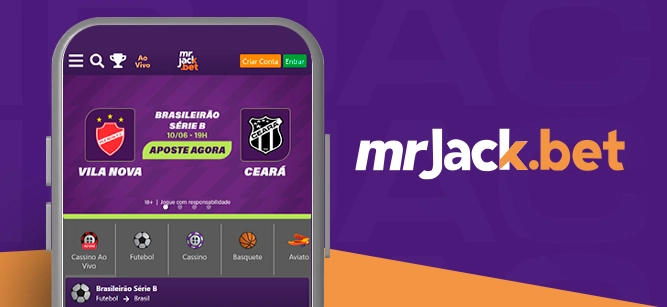 Imagem mostra smartphone aberto na página de apostas ao lado da logomarca da Mr. Jack Bet