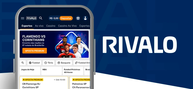 Imagem mostra smartphone aberto ao lado da logomarca da Rivalo