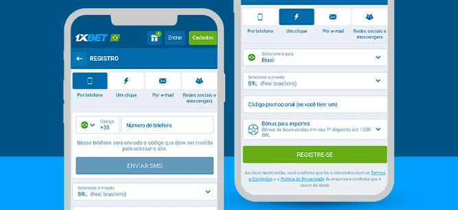 Imagem mostra dois celulares abertos na página de cadastro da 1xBet