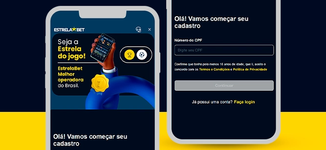 Imagem mostra smartphones abertos na página de cadastro da Estrela Bet