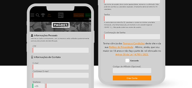 Imagem mostra dois celulares abertos na página de cadastro da Pagbet