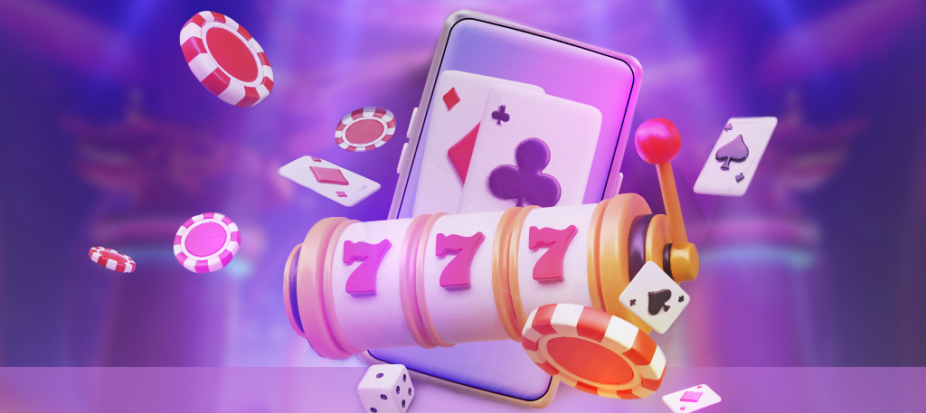 Imagem mostra celular e ilustrações de cassino, como slots, cartas, fichas e dados.