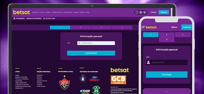 Imagem mostra notebook e celular aberto na página de cadastro da Betsat