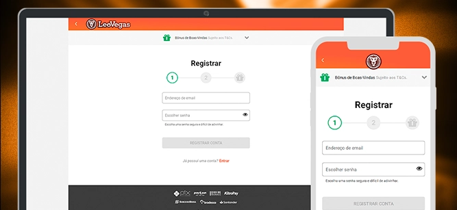 Imagem mostra notebook e celular aberto na página de cadastro da Leo Vegas