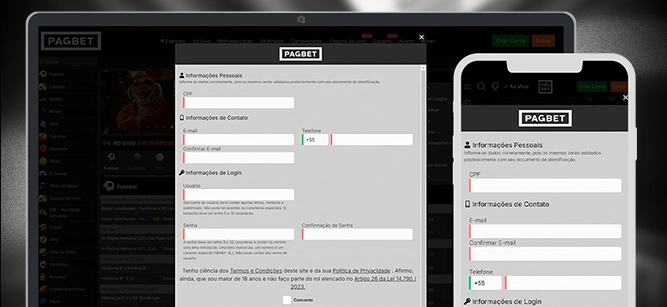 Imagem mostra notebook e celular aberto na página de cadastro da Pagbet
