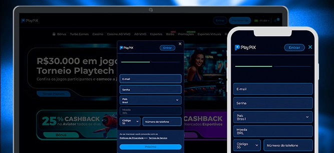 Imagem mostra notebook e celular aberto na página de cadastro da PlayPIX