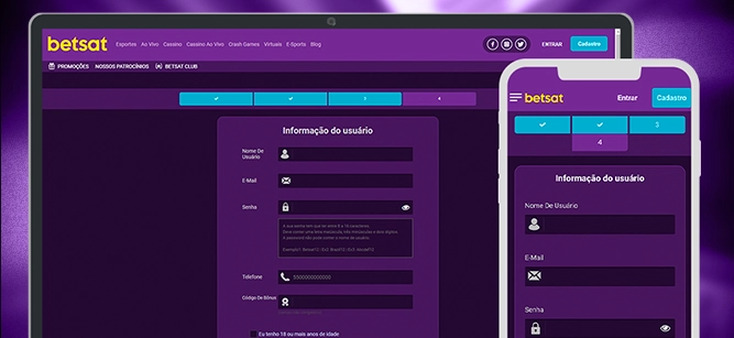 Imagem mostra notebook e celular aberto na página de cadastro da Betsat